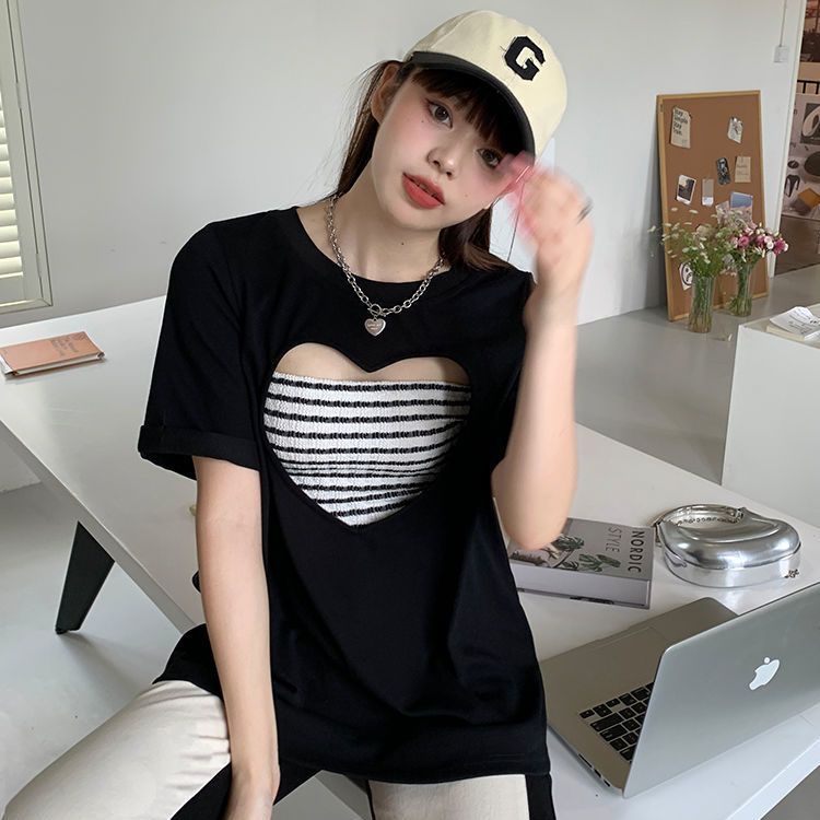 Áo Thun Dáng Rộng Họa Tiết Hình Trái Tim Đáng Yêu Có Size Từ 100-150Kg Thời Trang Dành Cho Nữ