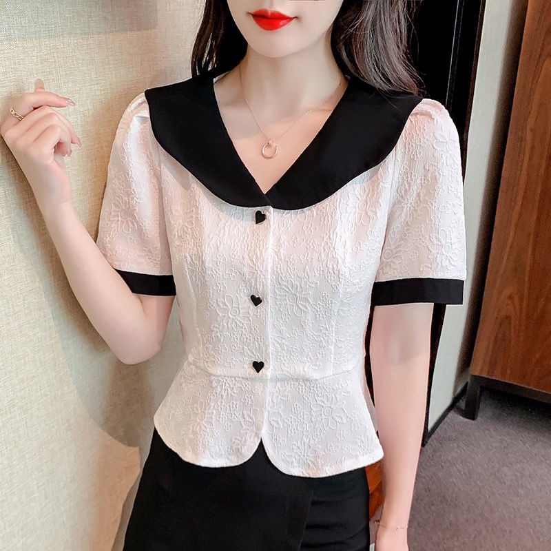 Áo Sơ Mi Chiffon Chiết Eo Phối Màu Thời Trang Mùa Hè Kiểu Pháp Mới Cho Nữ