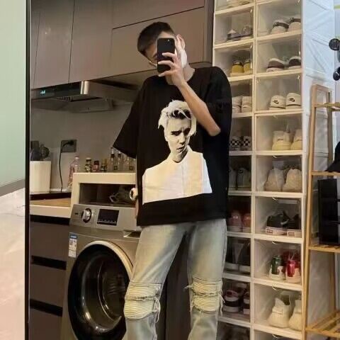 Áo Thun Cotton Cổ Tròn Tay Lỡ In Hình Justin Bieber Phong Cách Âu Mỹ Cho Nam