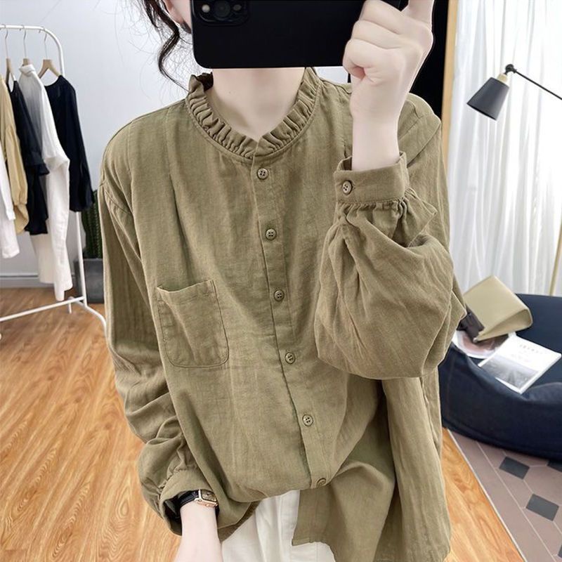 Áo Sơ Mi Cotton Lanh Mỏng Tay Dài Màu Trơn Dáng Rộng Thời Trang Xuân Thu 2023 Cho Nữ