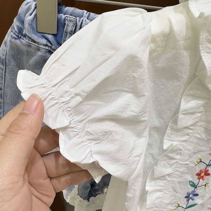 Áo Sơ Mi Cotton Tay Phồng Thêu Họa Tiết Mẫu Mới 2023 Thời Trang Hè Cho Bé Gái