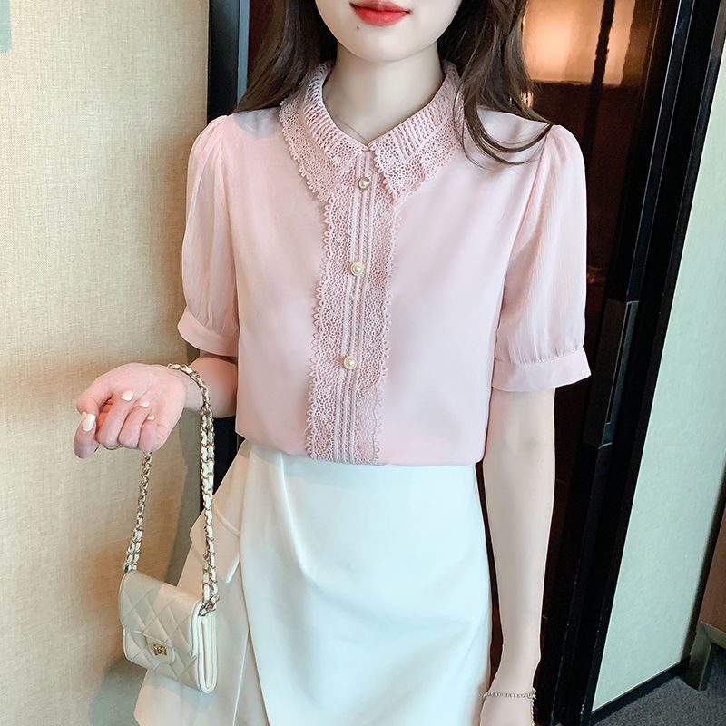 Áo Sơ Mi Chiffon Tay Ngắn Cổ Ren Màu Trơn Đơn Giản Thời Trang Mùa Hè Dành Cho Nữ