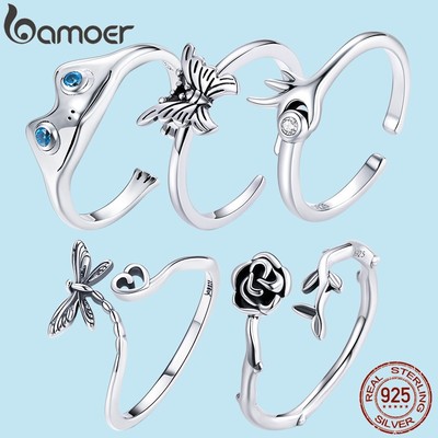 Nhẫn Bamoer bạc thật 925 mặt hình bướm/hoa hồng/chú ếch/chuồn chuồn/bàn tay thiết kế thời trang cho nữ
