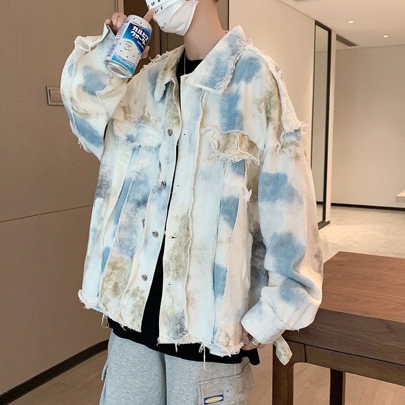 Áo khoác bò nhuộm cà vạt S-3XL cho nam áo khoác nam ăn mày làm cũ viền thô thường ngày thương hiệu sành điệu instagram rộng rãi phong cách Hồng Kông trào lưu phong cách Hàn Quốc cho nam