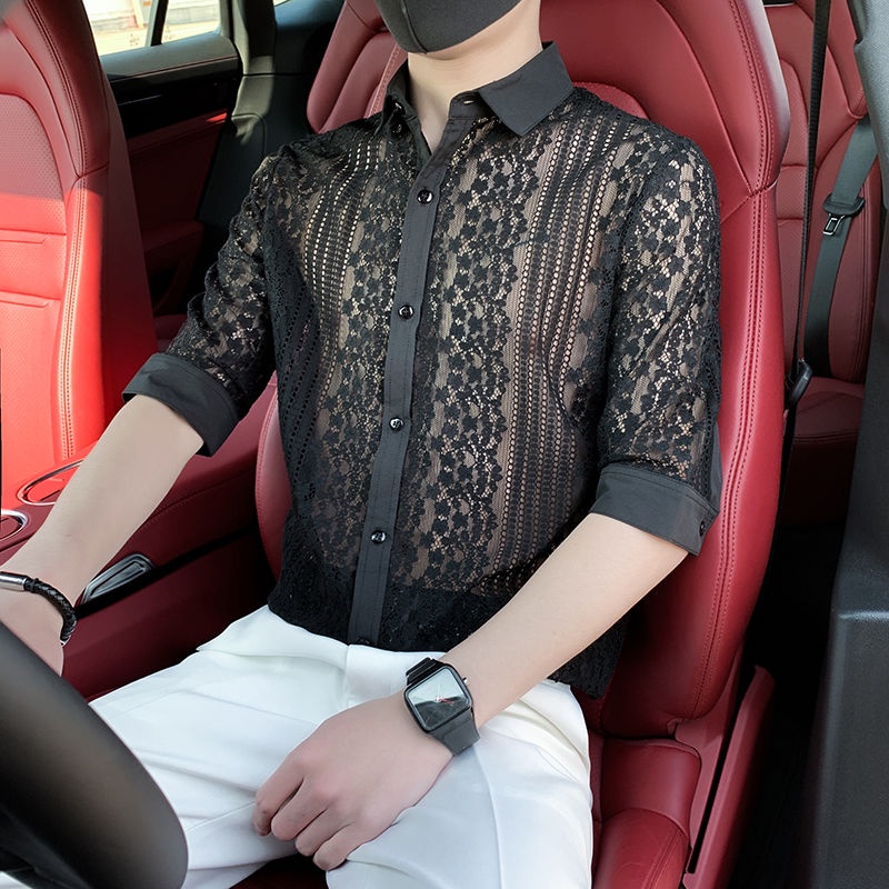 M-4XL hộp đêm áo sơ mi tay lỡ cá tính ren đẹp trai thời trang nam co giãn sành điệu