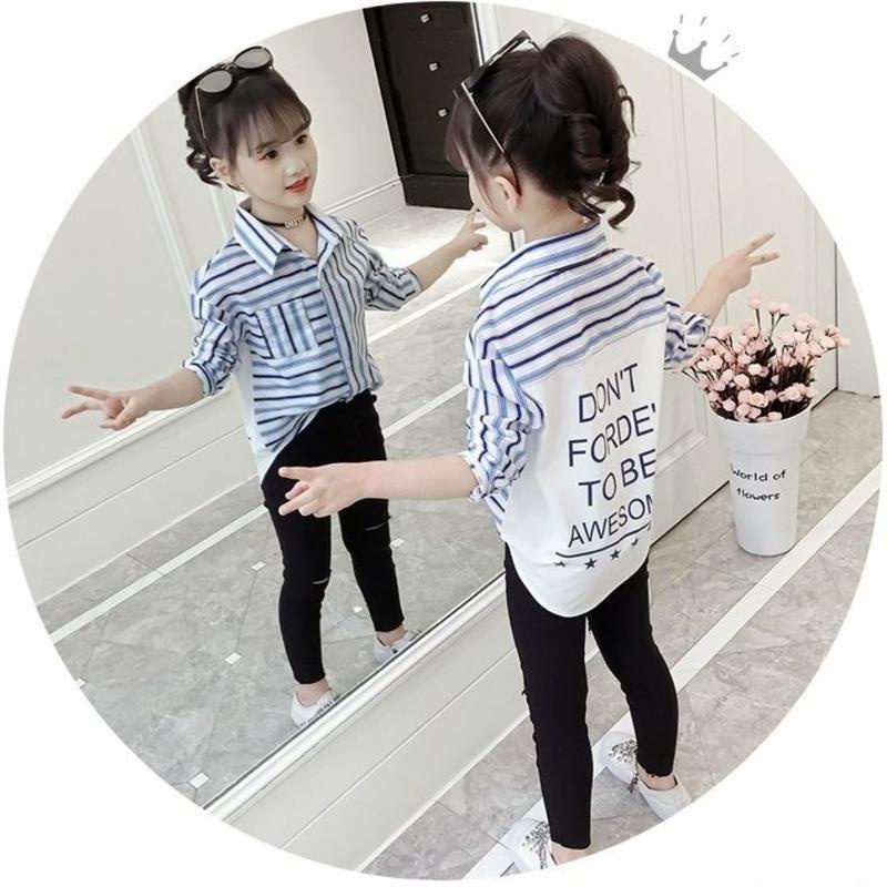 Áo Sơ Mi Tay Dài Dáng Rộng Họa Tiết Kẻ Sọc Thời Trang Dễ Thương Cho Bé Gái