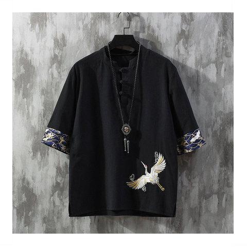 Hàng Có Sẵn!Áo Thun Ngắn Tay Vải Lanh Mỏng Thêu Hình Chim Hạc Kiểu Trung Hoa Thời Trang Mùa Hè Cho Nam