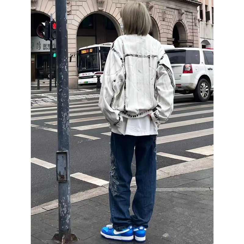 Quần Jeans Dài Thêu Hình Rồng Phong Cách Âu Mỹ Cho Nam Nữ