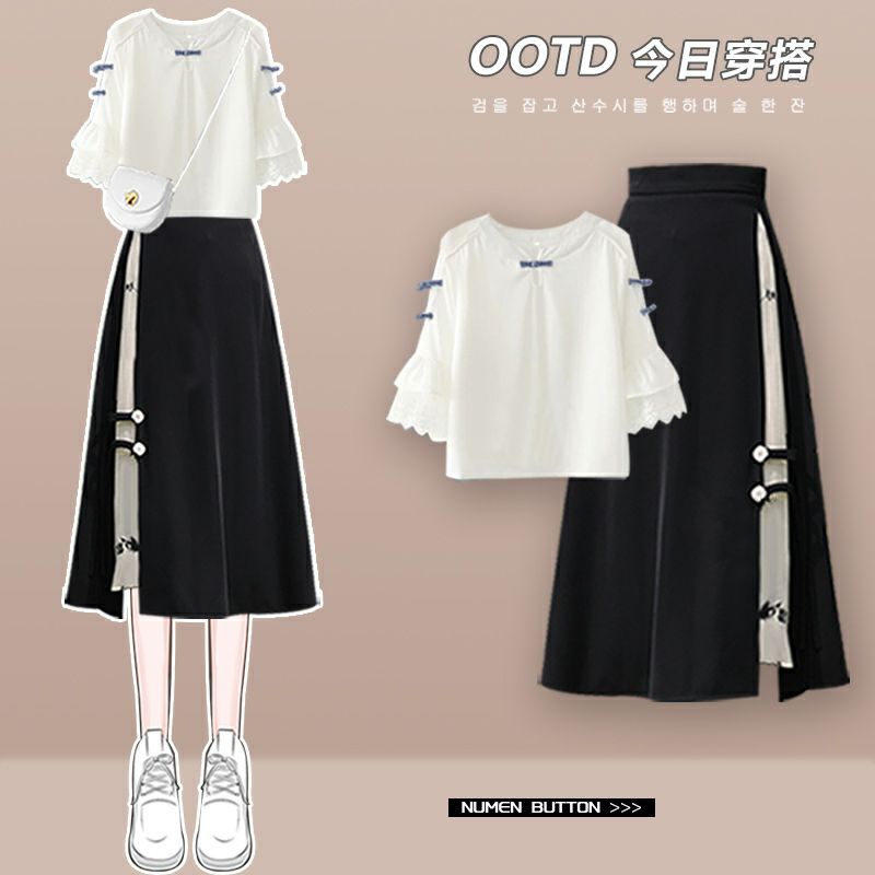Bộ Áo Ngắn Tay + Chân Váy Ôm Phong Cách Trung Hoa Thời Trang 2023 Cho Nữ#0704#大码女装套装女2023减龄新中式短袖上衣显瘦半身裙两件套