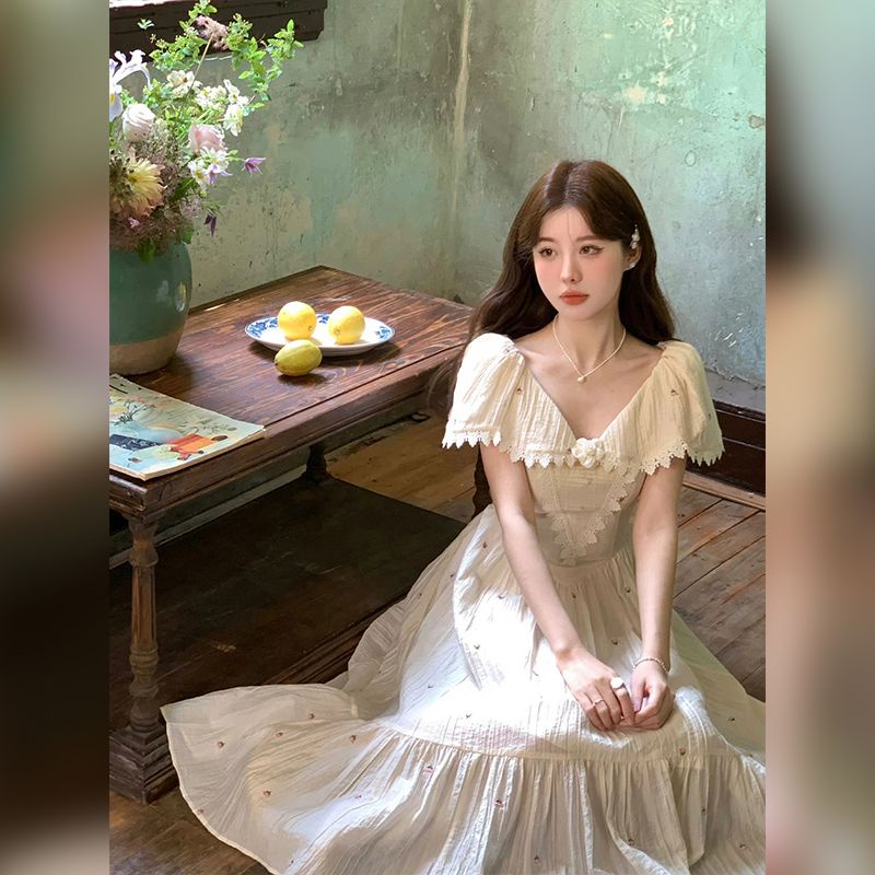 Đầm Dáng Dài Cổ Chữ v In Họa Tiết Thời Trang Pháp Cổ Điển Hàng Mới 2023~7.5