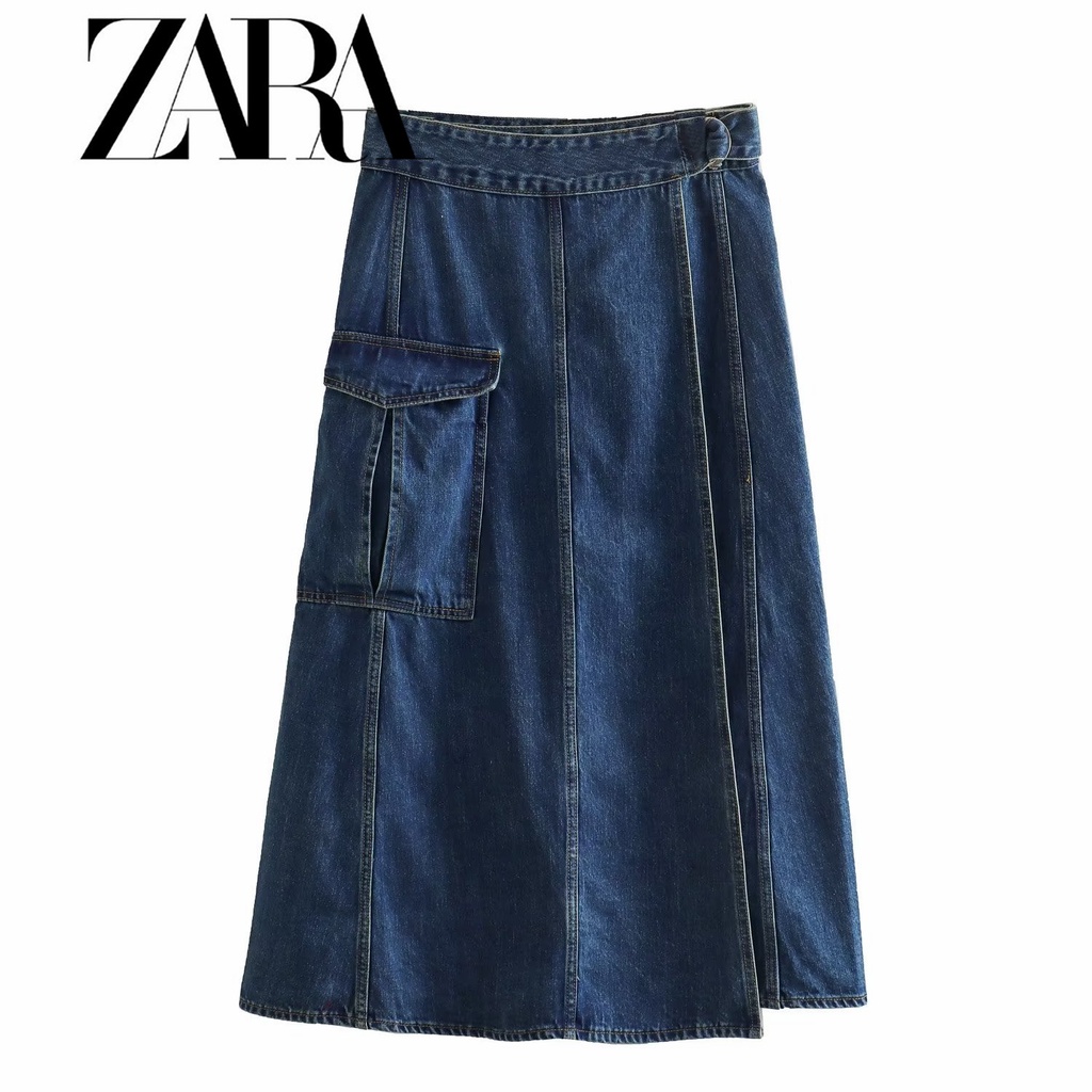 Váy Yếm Denim Có Túi Màu Trơn Cột Dây Thời Trang Zara Cho Nữ