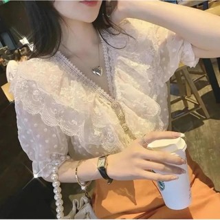 Áo tay ngắn cổ búp bê phối ren phong cách hàn quốc thời trang cho nữ