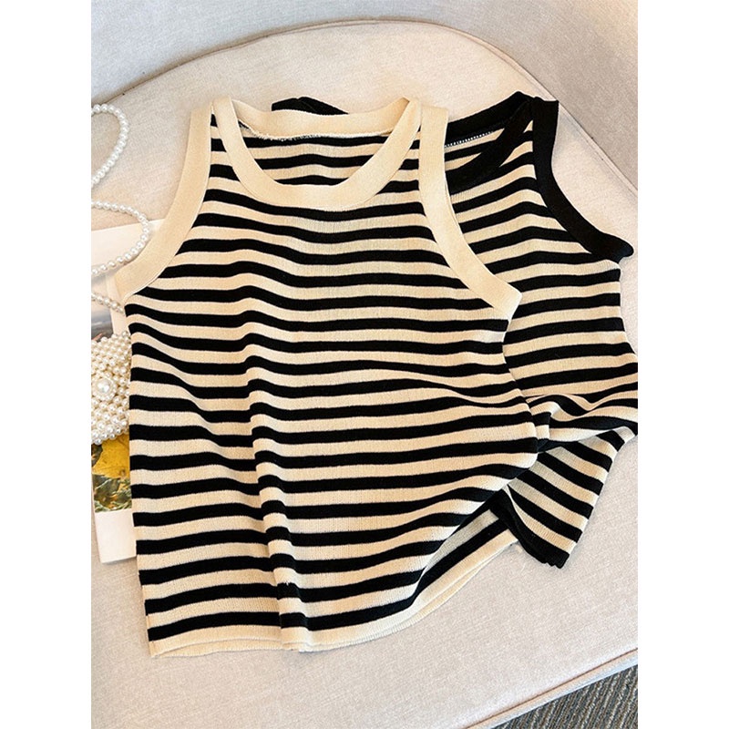 Áo Dệt Kim Không Tay Họa Tiết Kẻ Sọc Thời Trang Hàn Quốc Cho Nữ
