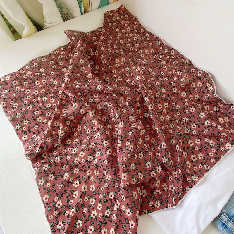Phụ Kiện Đẹp] Khăn Choàng Cổ / Khăn Quàng Cổ / Khăn Quàng Cổ Nhỏ Hình Vuông Bằng Vải Lanh Cotton In Hoa Màu Đỏ Dễ Phối Đồ Chụ