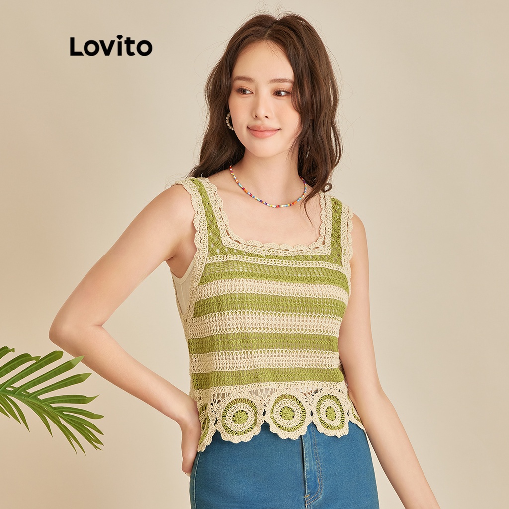 Áo LOVITO dệt kim cổ vuông dáng ngắn họa tiết kẻ sọc phong cách boho cho nữ L45ED068 (màu xanh lá)