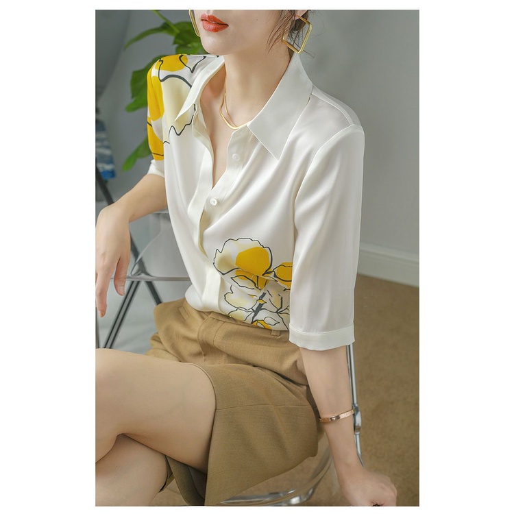 Áo Sơ Mi Chiffon Satin Ngắn Tay In Họa Tiết Tương Phản Thời Trang Mùa Hè