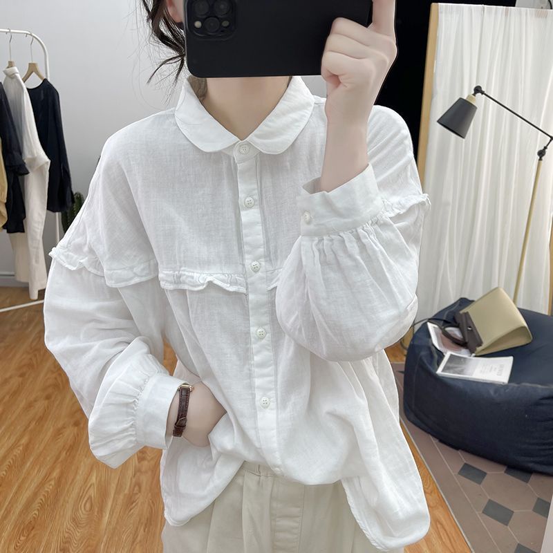 Áo Sơ Mi Cotton Lanh Tay Phồng Dài Cổ Bèo Thời Trang Xuân Thu Dành Cho Nữ