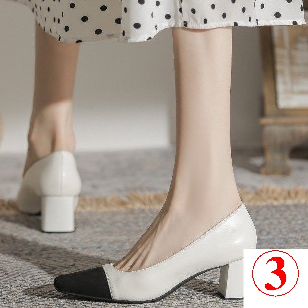 Giày Da Mềm Gót Dày Mũi Vuông Miệng Nông Phối Màu Kiểu Pháp Thời Trang Mùa Hè 2023 Cho Bạn Gái