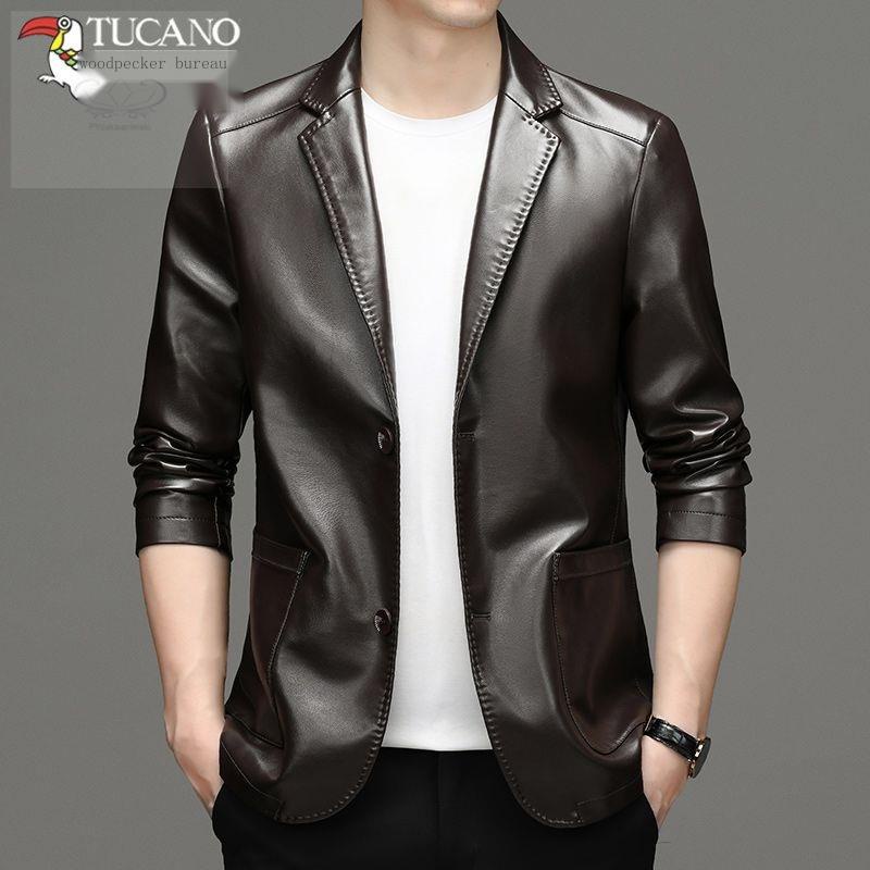 Áo Khoác Da Cổ Vest Dáng Ôm Thời Trang Xuân Thu Cho Nam Giới Trung Niên