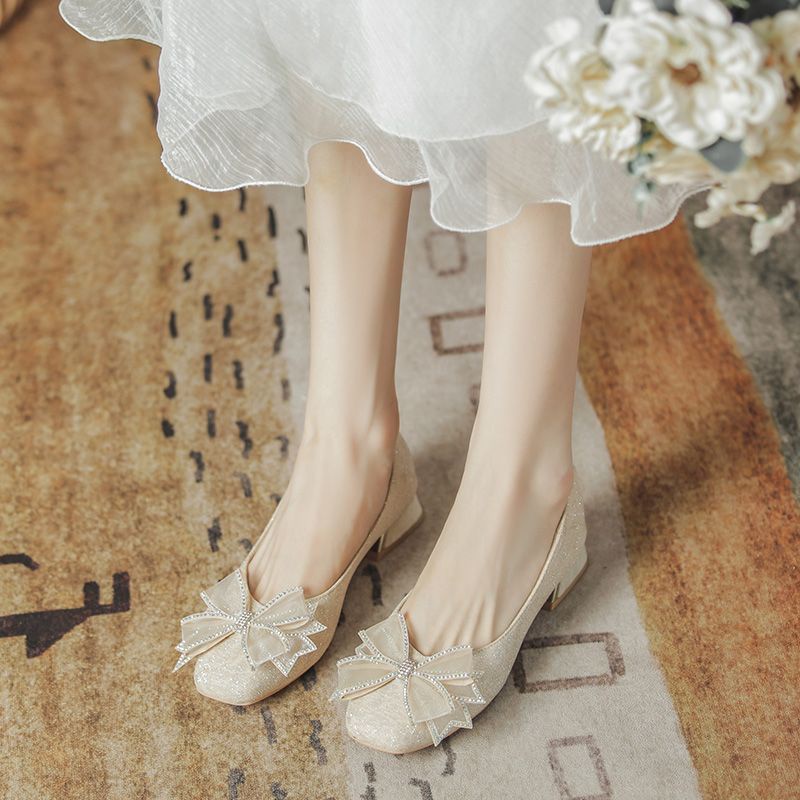 Giày Phù Dâu Phù Dâu Không Lốp Mặc Hàng Ngày Mới Mặc Sườn Xám Đính Hôn Mùa Xuân Và Mùa Thu