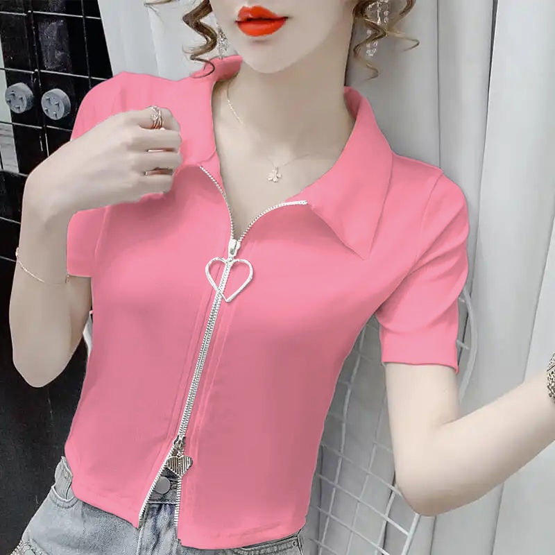 Áo Thun Tay Lửng Eo Cao Ôm Dáng Phối Khóa Kéo Thời Trang Mùa Hè 2023 Mới Cho Nữ