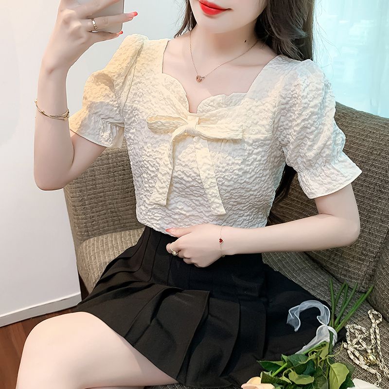 Áo Sơ Mi Tay Ngắn Phồng Cổ Vuông Thời Trang Mùa Hè 2023 Phong Cách Pháp Mới Cho Nữ