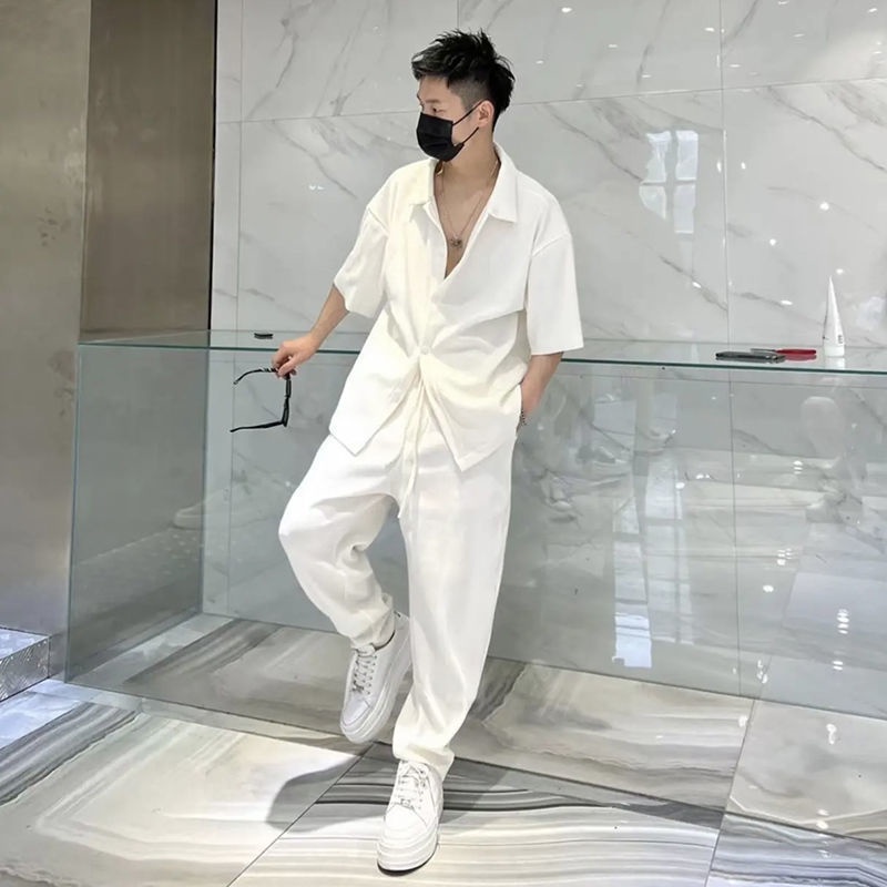 Set Áo Sơ Mi Ngắn Tay Và Quần Dài Ống Rộng Thời Trang Mùa Hè Dành Cho Nam