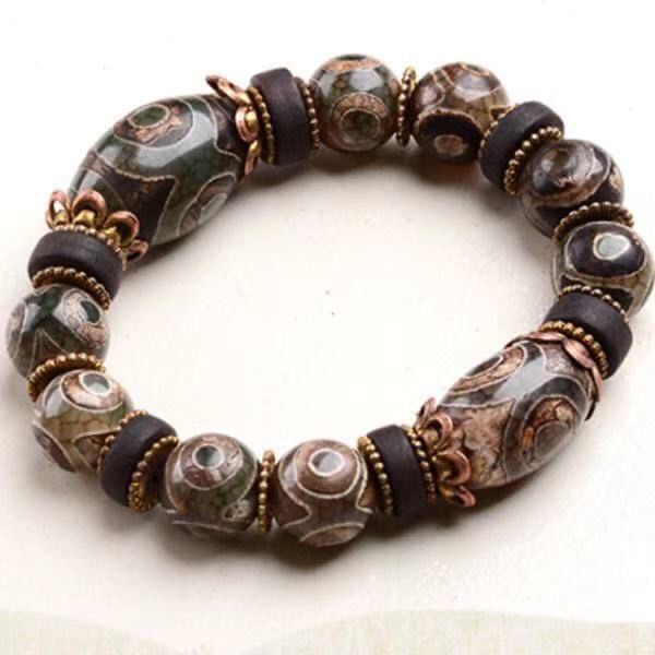 Vòng Tay Đá Ngọc Bích Tự Nhiên Ba Mắt Phong Cách Tây Tạng Retro Tây Tạng Dzi Cho Nam Và Nữ 4.25