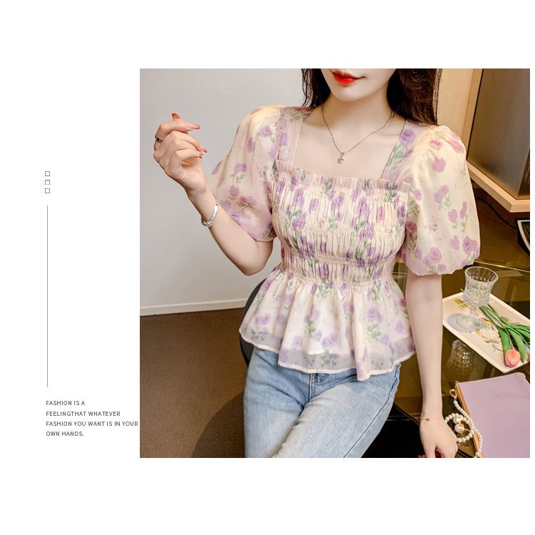 Áo Sơ Mi Chiffon Cổ Vuông Tay Phồng In Họa Tiết Hoa Thời Trang Mùa Hè Cho Nữ
