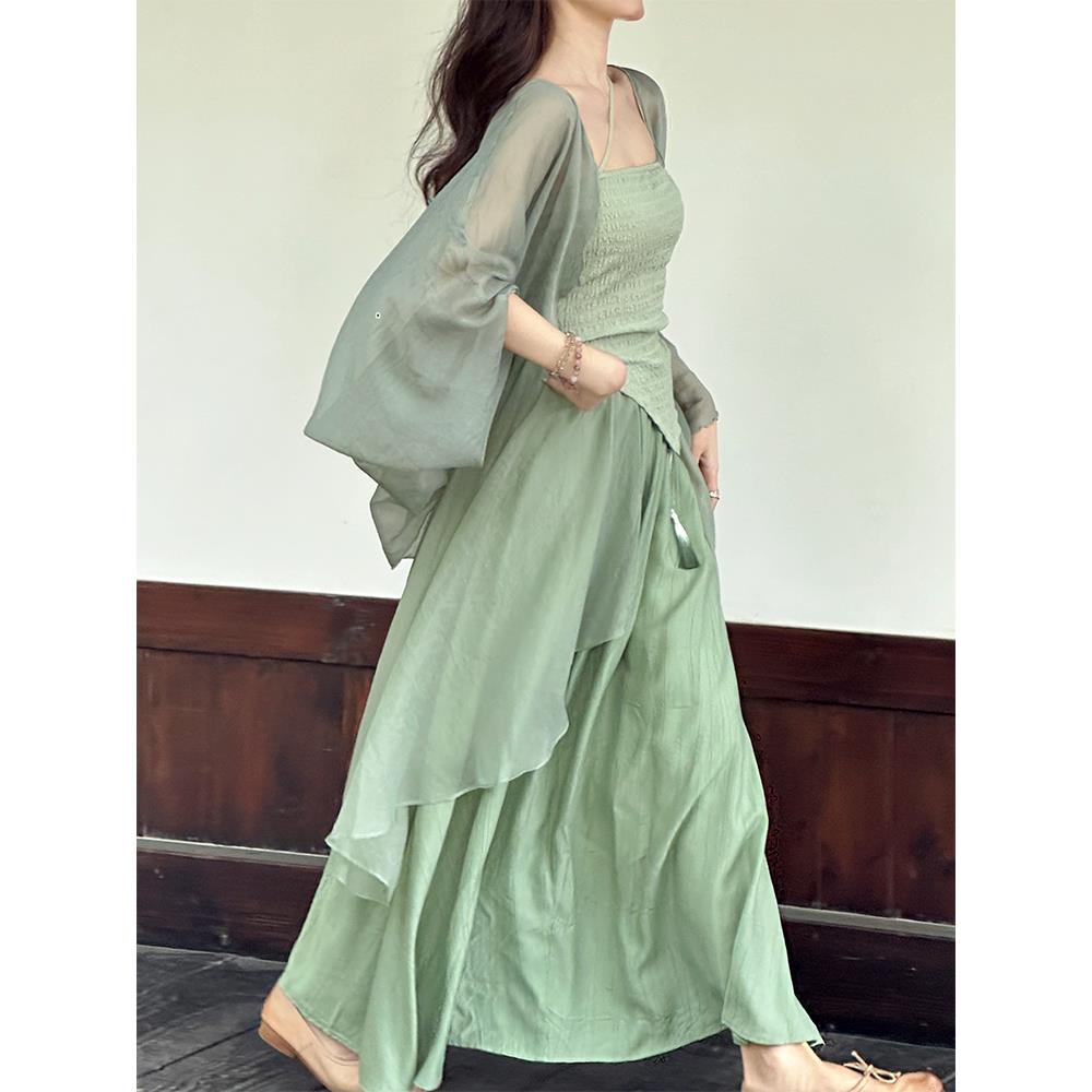Bộ Đầm Hai Dây + Áo Khoác + Áo Cardigan Phong Cách Trung Hoa Mới 5.8
