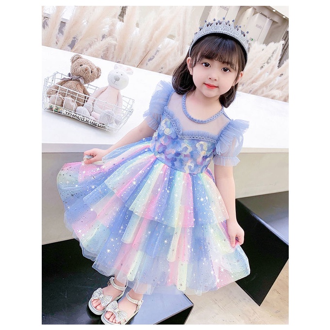 Đầm Công Chúa Mùa Hè 2023 Tay Cộc Đính Lưới Hoa Cổ Tích Cao Cấp Cho Bé Gái