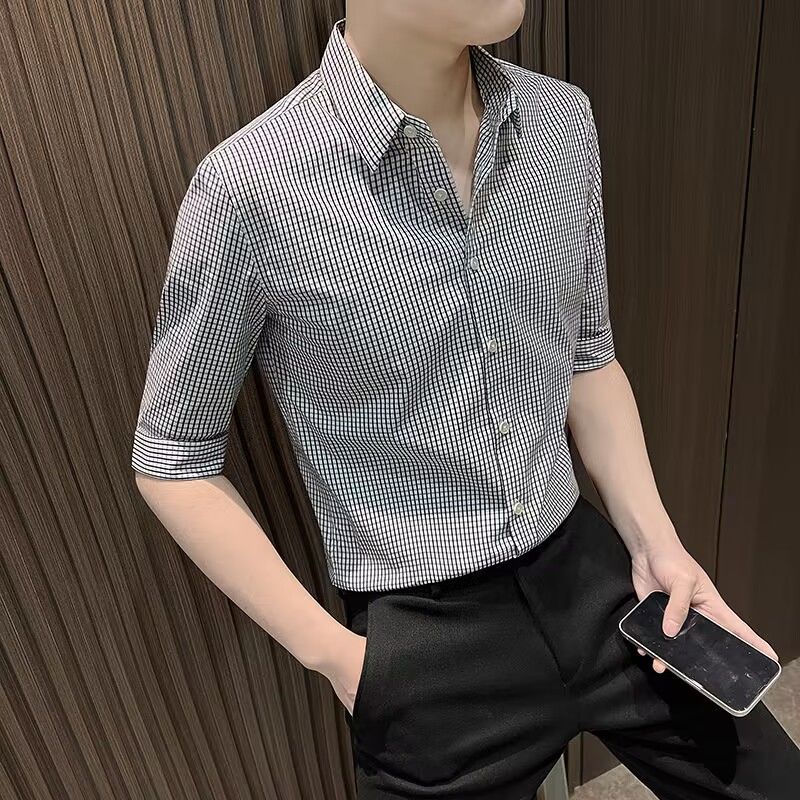 Áo Sơ Mi Nam Tay Ngắn Họa Tiết Caro Phong Cách Hong Kong