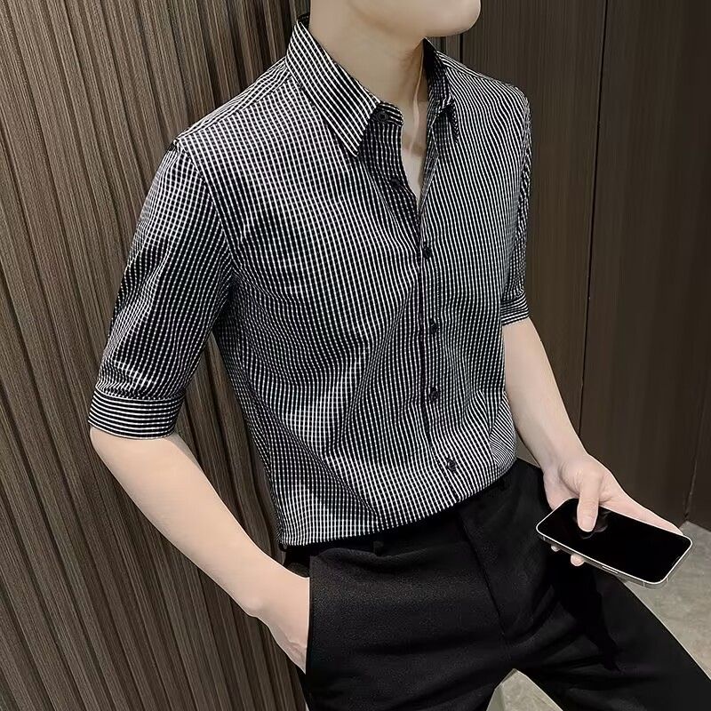 Áo Sơ Mi Nam Tay Ngắn Họa Tiết Caro Phong Cách Hong Kong