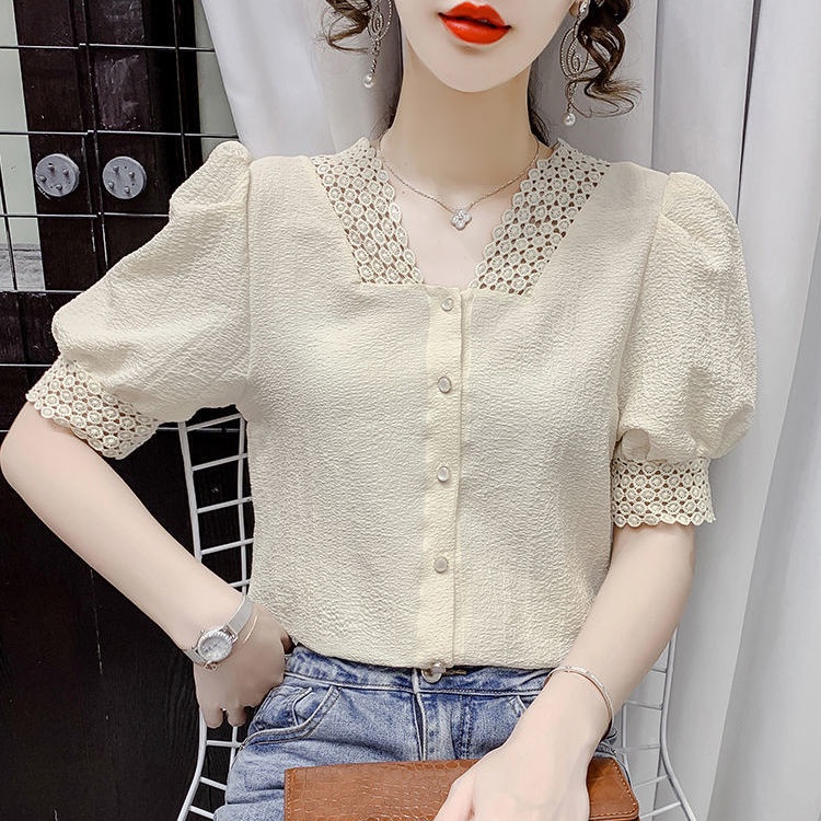 Áo Sơ Mi Chiffon Ngắn Tay Cổ Chữ V Phối Ren Phong Cách Pháp