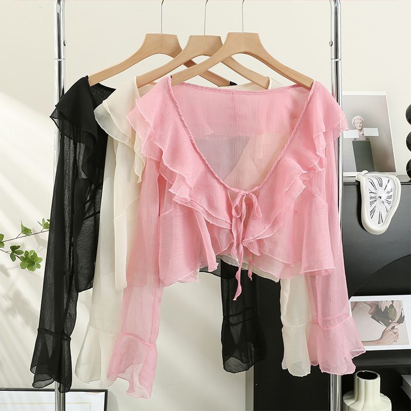 Áo Khoác Cardigan Chống Nắng Tay Loe Có Dây Cột Dáng Ngắn Phong Cách Mới Cho Nữ
