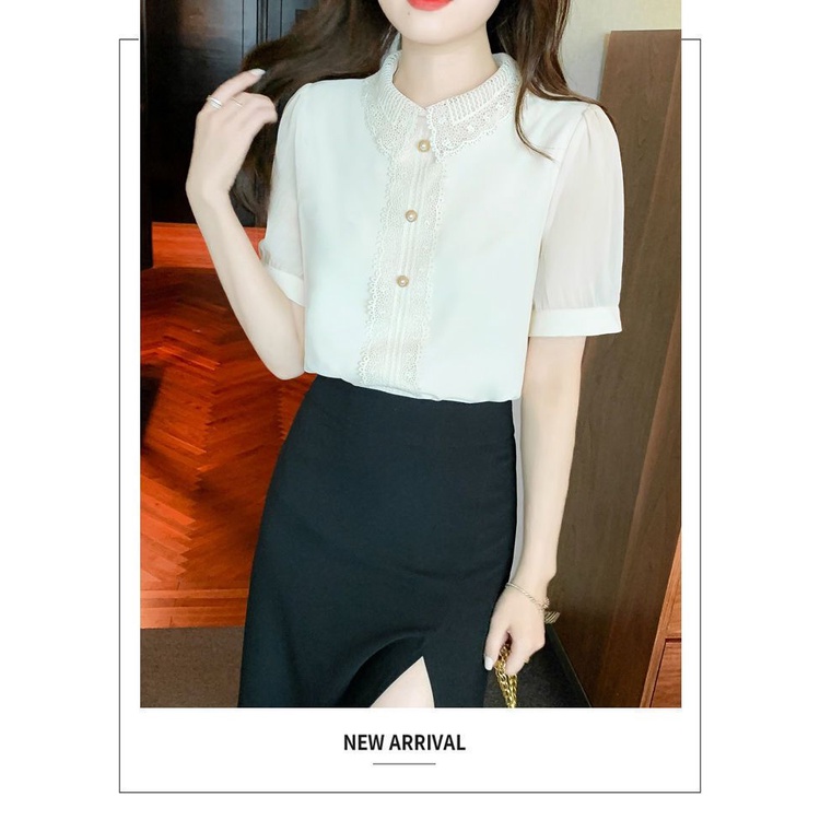 Áo Sơ Mi Chiffon Tay Ngắn Cổ Ren Màu Trơn Đơn Giản Thời Trang Mùa Hè Dành Cho Nữ