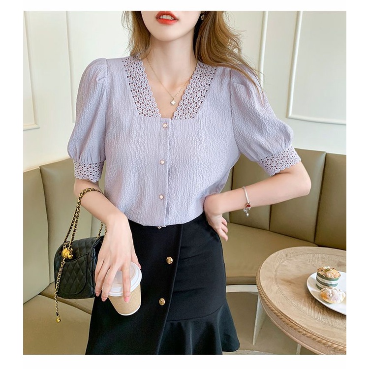 Áo Sơ Mi Chiffon Ngắn Tay Cổ Chữ V Phối Ren Phong Cách Pháp