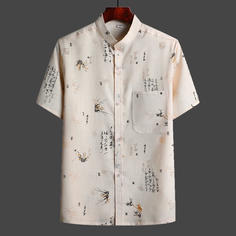 Áo Sơ Mi Cotton Lanh Mỏng Tay Ngắn Dáng Rộng Phong Cách Dân Tộc Thời Trang Mùa Hè Cho Nam Giới Trung Niên