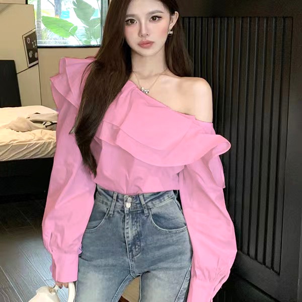 Áo Sơ Mi Tay Dài Trễ Vai Phong Cách Hàn Quốc Ngọt Ngào Hàng Mới