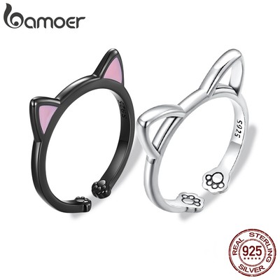 BAMOER Nhẫn Hở Bạc 925 Hình Mèo Dễ Thương SCR922