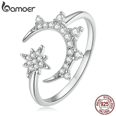 BAMOER Nhẫn Hở bạc 925 HìNh Ngôi Sao MặT Trăng ThờI Trang Cho Nữ