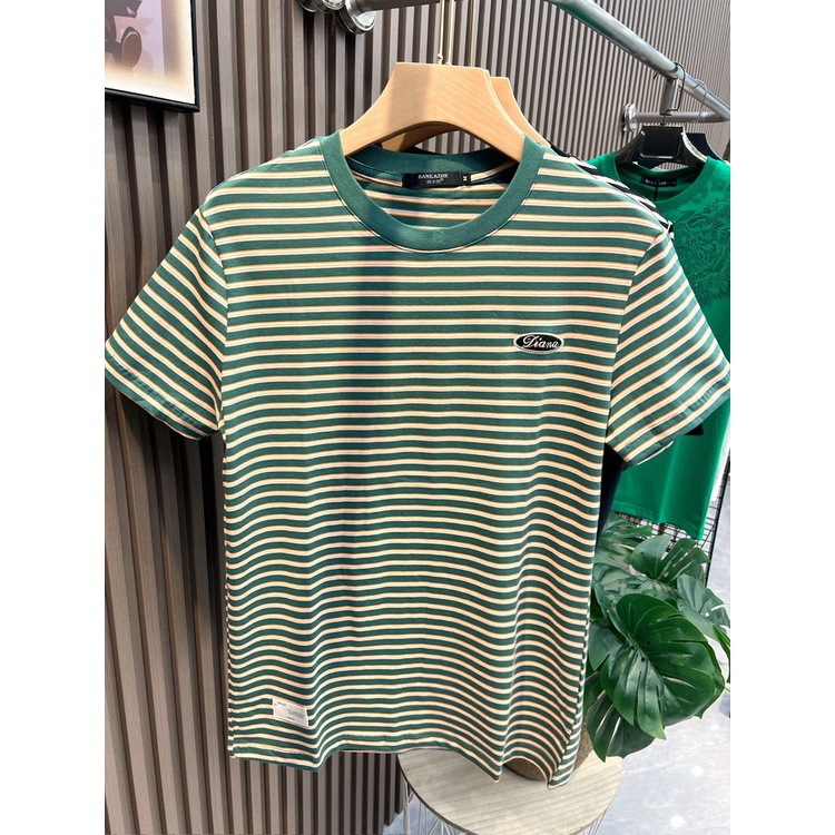 Áo Thun Cotton Ngắn Tay Kẻ Sọc Ngang Thêu Họa Tiết Thời Trang Mùa Hè Cho Nam