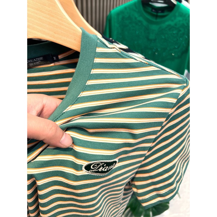 Áo Thun Cotton Ngắn Tay Kẻ Sọc Ngang Thêu Họa Tiết Thời Trang Mùa Hè Cho Nam