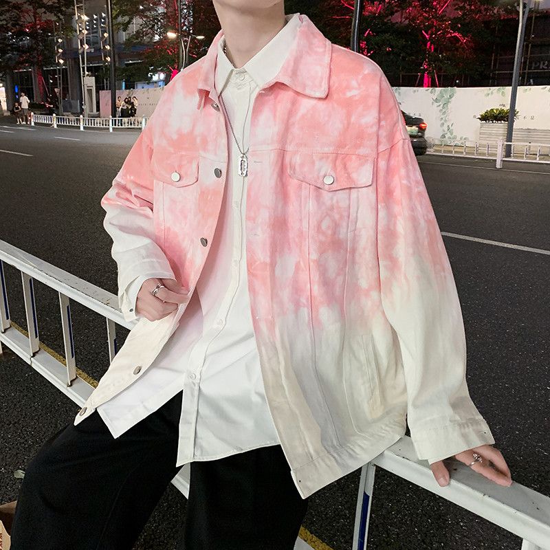 Áo khoác bò nhuộm màu hồng cà vạt M-2XL áo nam đẹp trai áo khoác cặp đôi Oversize màu gradient
