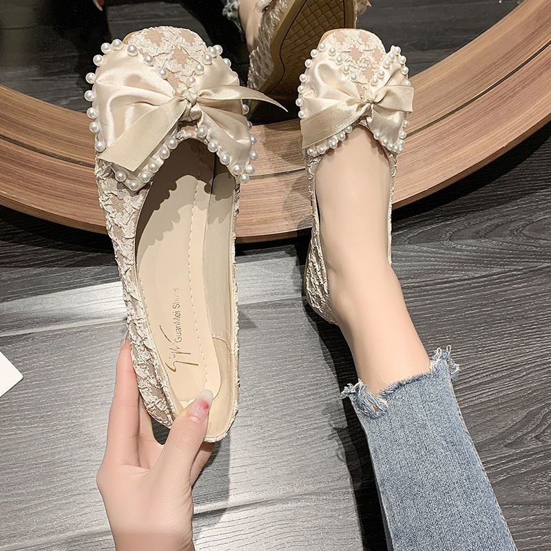 Khuyến Mãi Phong Cách Mới ~ Giày Búp Bê Đế Mềm Mũi Vuông Đính Ngọc Trai Phong Cách Mới Cho Nữ