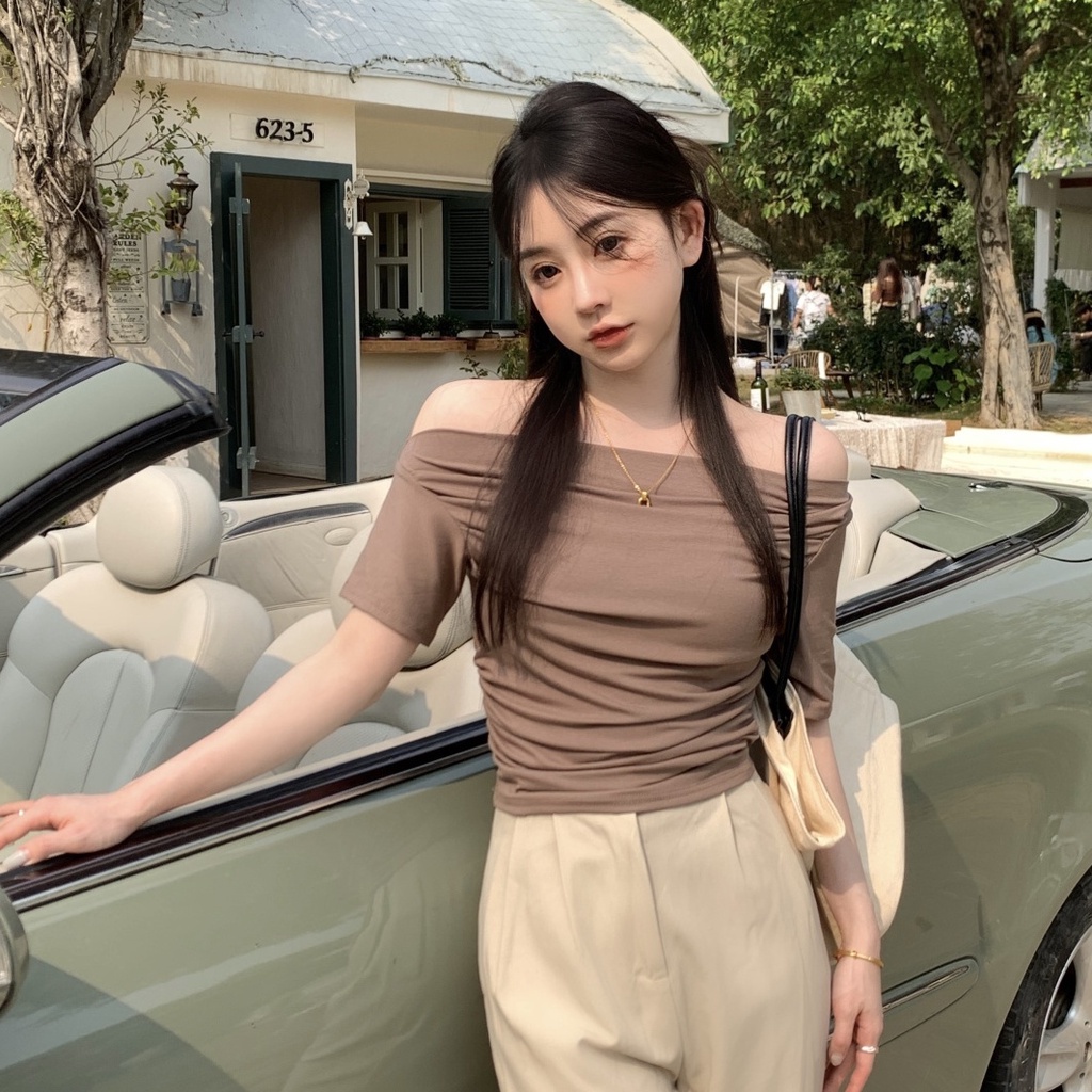 Jiashucheng Áo Thun Ngắn Tay Trễ Vai Ôm Dáng Phong Cách Phương Tây Gợi Cảm Mùa Hè Cho Nữ