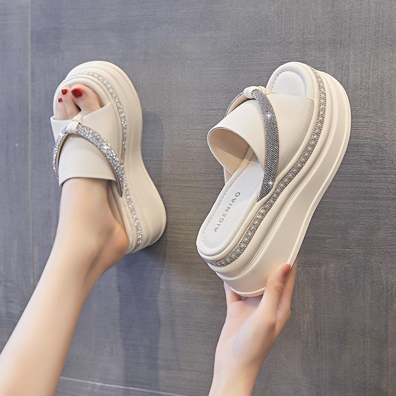 Dép Sandal Đế Dày 8Cm Đính Đá Thời Trang Mùa Hè 2023 Mới Cho Nữ