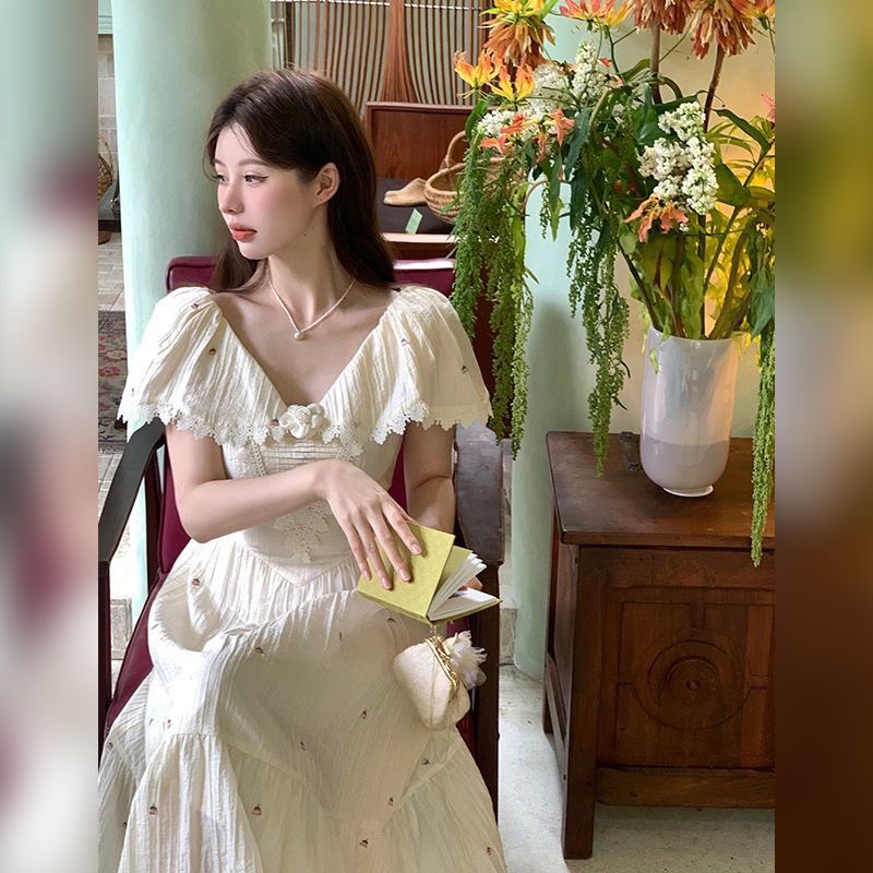 Đầm Dáng Dài Cổ Chữ v In Họa Tiết Thời Trang Pháp Cổ Điển Hàng Mới 2023~7.5