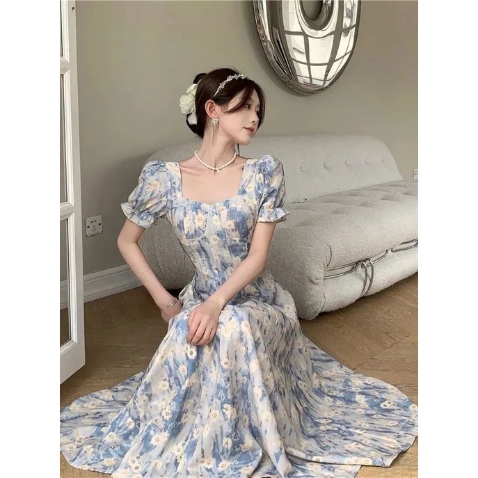 Đầm Hoa Cổ Vuông Dáng Dài Chiết Eo Kiểu Retro Pháp Dễ Thương
