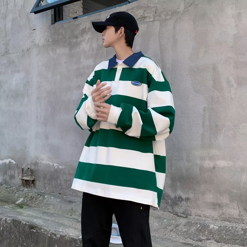 Áo Thun POLO Tay Dài Dáng Rộng Họa Tiết Kẻ Sọc Phong Cách Harajuku Thời Trang Mùa Hè Mới 2023 Dành Cho Bạn Nam